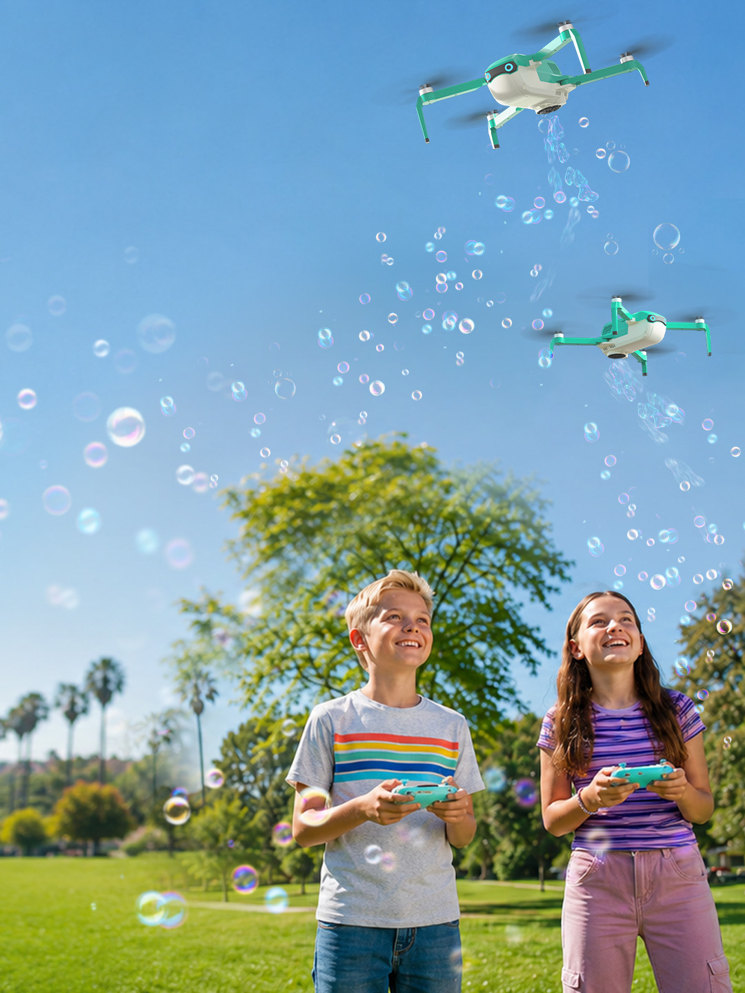 HS320 mobile outdoor toy hero Kids playing outdoors with the HS320 flying bubble drone
