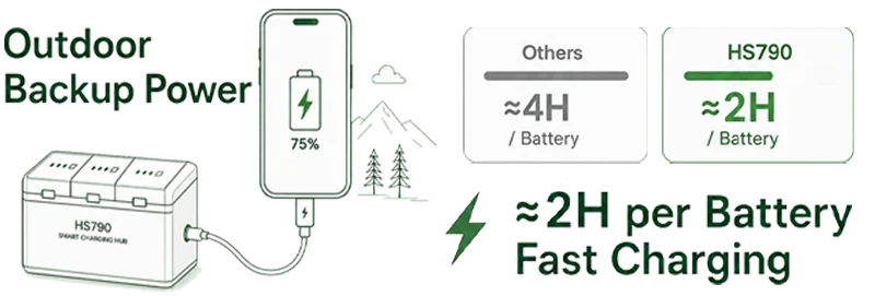 HS790 Smart Charging Hub HS790 smart charging hub with about 2 hours per battery fast charging and outdoor backup power