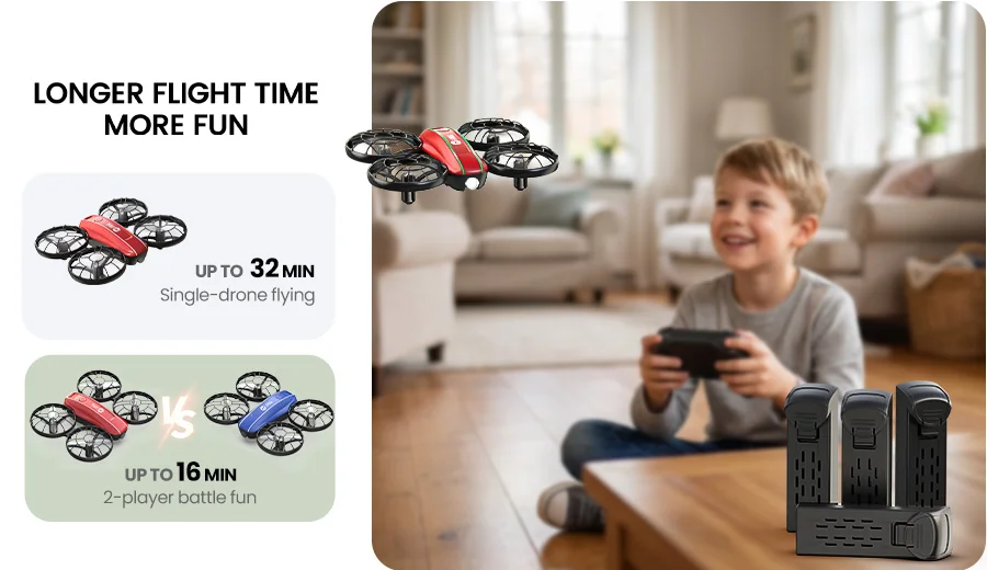 HS210FS 4 batteries for up to 32 minutes single drone flying or 16 minutes two player battle fun