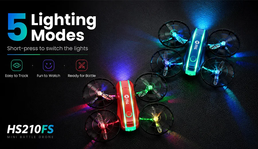 HS210FS 5 lighting modes for indoor battle fun and easier drone tracking