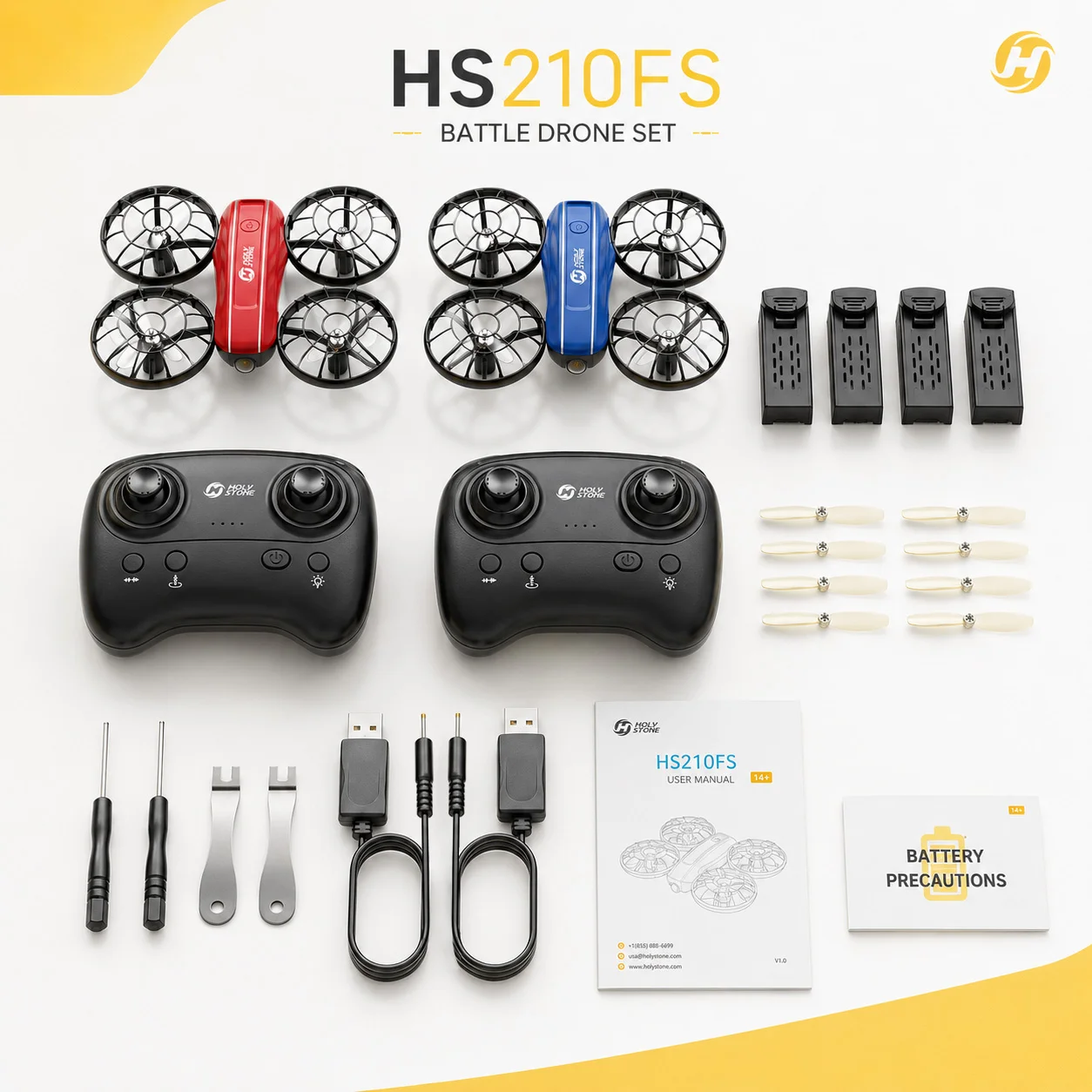 HS210FS package contents with two drones two controllers and four batteries
