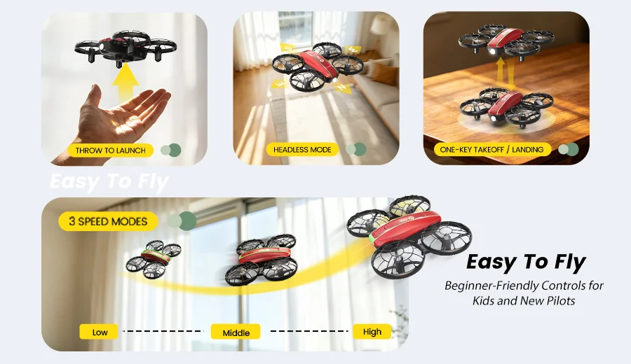 HS210FS easy to fly beginner drone features including toss launch headless mode and one key takeoff